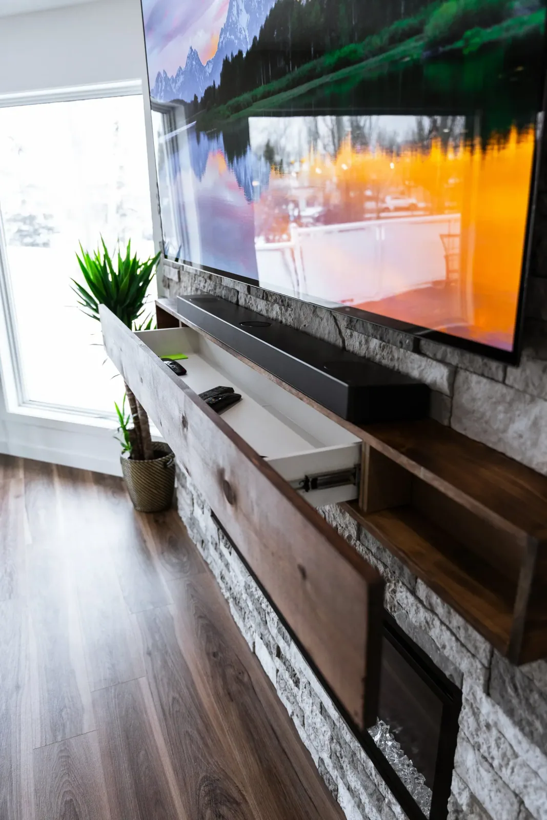Manufactured Stone Fireplace with Custom Wood Mantel